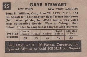 1952-53 Parkhurst #25 Gaye Stewart Back
