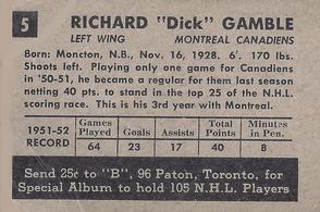 1952-53 Parkhurst #5 Dick Gamble Back