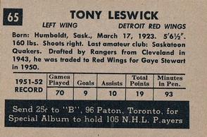 1952-53 Parkhurst #65 Tony Leswick Back
