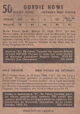1953-54 Parkhurst #50 Gordie Howe Back