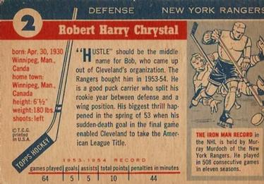1954-55 Topps #2 Bob Chrystal Back