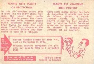 1955-56 Parkhurst #71 Plante Is Protected Back