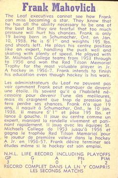 1957-58 Parkhurst #T17 Frank Mahovlich Back