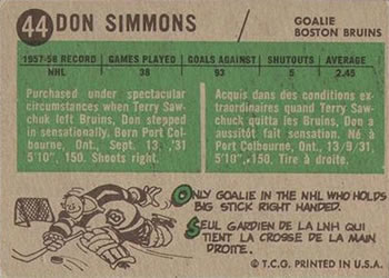 1958-59 Topps #44 Don Simmons Back