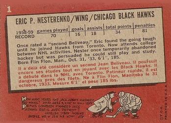 1959-60 Topps #1 Eric Nesterenko Back