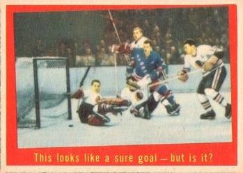 1959-60 Topps #28 This looks like a sure goal -- but is it? Front