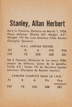 1962-63 Parkhurst #9 Allan Stanley Back