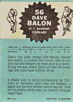 1962-63 Topps #56 Dave Balon Back