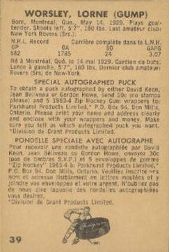 1963-64 Parkhurst #39 Lorne (Gump) Worsley Back