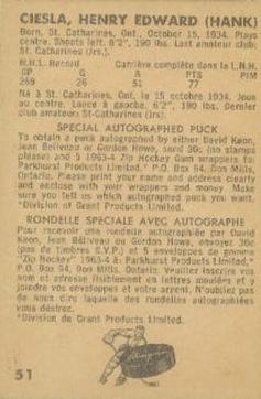 1963-64 Parkhurst #51 Hank Ciesla Back