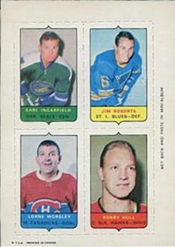 1969-70 O-Pee-Chee - Four-in-One Mini-Cards #NNO Earl Ingarfield / Jim Roberts / Lorne Worsley / Bobby Hull Front