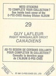 1981-82 O-Pee-Chee Stickers #29 Guy Lafleur  Back