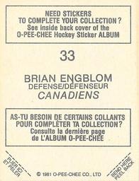 1981-82 O-Pee-Chee Stickers #33 Brian Engblom  Back