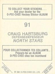 1981-82 O-Pee-Chee Stickers #91 Craig Hartsburg  Back