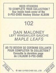 1981-82 O-Pee-Chee Stickers #102 Dan Maloney  Back
