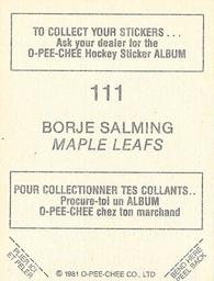 1981-82 O-Pee-Chee Stickers #111 Borje Salming  Back