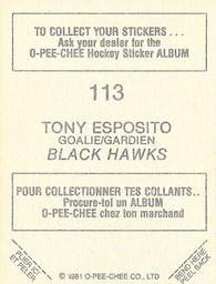 1981-82 O-Pee-Chee Stickers #113 Tony Esposito  Back