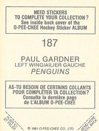 1981-82 O-Pee-Chee Stickers #187 Paul Gardner  Back