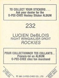 1981-82 O-Pee-Chee Stickers #232 Lucien DeBlois  Back