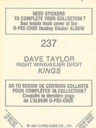 1981-82 O-Pee-Chee Stickers #237 Dave Taylor  Back