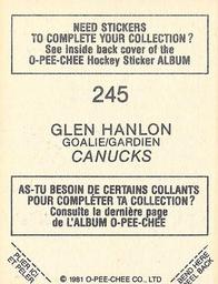 1981-82 O-Pee-Chee Stickers #245 Glen Hanlon  Back