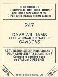 1981-82 O-Pee-Chee Stickers #247 Tiger Williams  Back