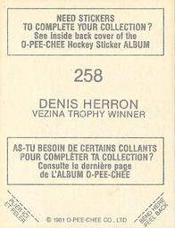 1981-82 O-Pee-Chee Stickers #258 Denis Herron  Back