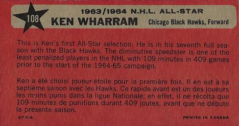 1964-65 Topps #108 Ken Wharram Back