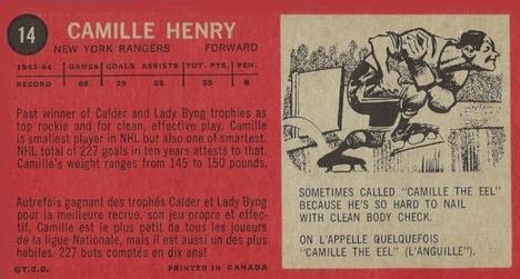 1964-65 Topps #14 Camille Henry Back