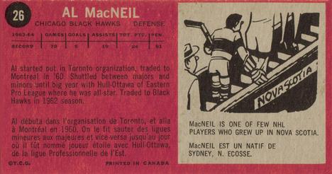1964-65 Topps #26 Al MacNeil Back