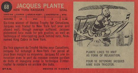 1964-65 Topps #68 Jacques Plante Back