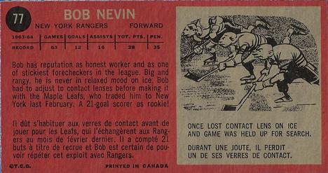1964-65 Topps #77 Bob Nevin Back