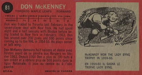 1964-65 Topps #81 Don McKenney Back