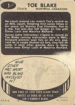 1965-66 Topps #1 Toe Blake Back