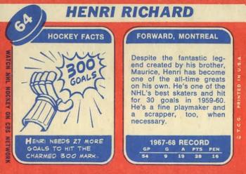 1968-69 Topps #64 Henri Richard Back