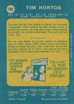 1969-70 O-Pee-Chee #182 Tim Horton Back