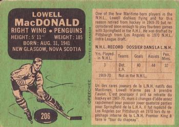 1970-71 O-Pee-Chee #206 Lowell MacDonald Back