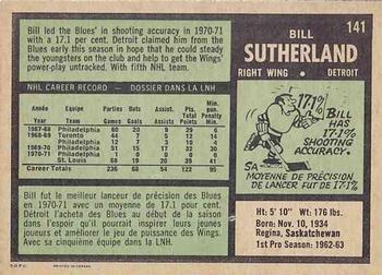 1971-72 O-Pee-Chee #141 Bill Sutherland Back