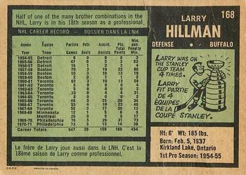 1971-72 O-Pee-Chee #168 Larry Hillman Back