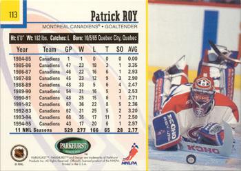 1995-96 Parkhurst International - Emerald Ice #113 Patrick Roy Back