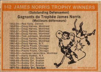 1972-73 O-Pee-Chee #142 James Norris Trophy Back