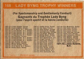 1972-73 O-Pee-Chee #168 Lady Byng Trophy Back