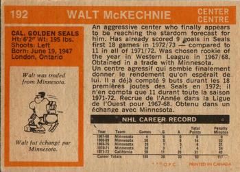 1972-73 O-Pee-Chee #192 Walt McKechnie Back