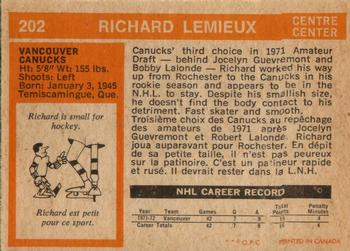 1972-73 O-Pee-Chee #202 Richard Lemieux Back