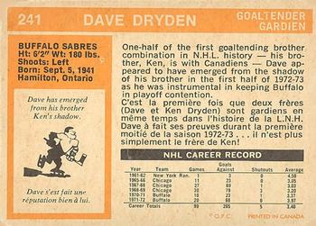 1972-73 O-Pee-Chee #241 Dave Dryden Back