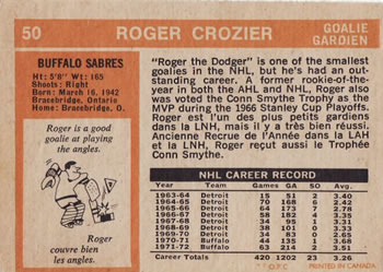 1972-73 O-Pee-Chee #50 Roger Crozier Back
