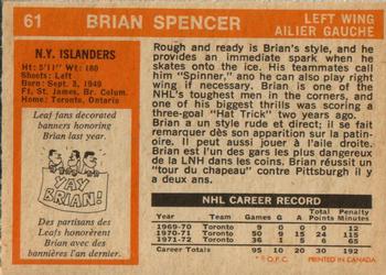 1972-73 O-Pee-Chee #61 Brian Spencer Back