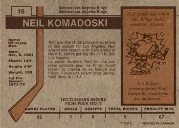 1973-74 O-Pee-Chee #16 Neil Komadoski Back