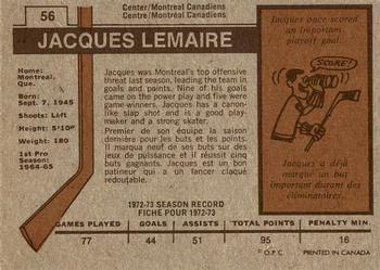 1973-74 O-Pee-Chee #56 Jacques Lemaire Back