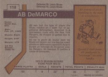 1973-74 O-Pee-Chee #118 Ab DeMarco Back